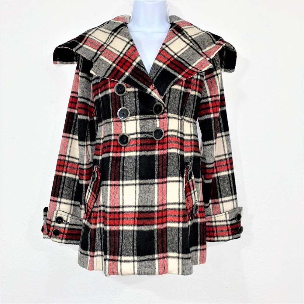 Chime Women's Winter Plaid Pea Coat Jacket Black/Red/White Size S